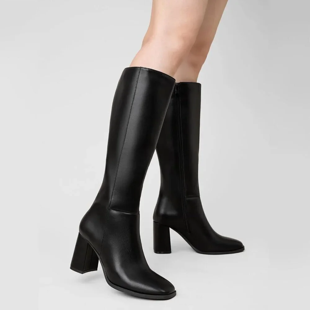 Women's Faux Leather Black Square Toe Side Zipper Chunky Heel Knee High Boots